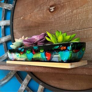 Hand-Painted Ceramic Succulent Planter with Bamboo Tray
